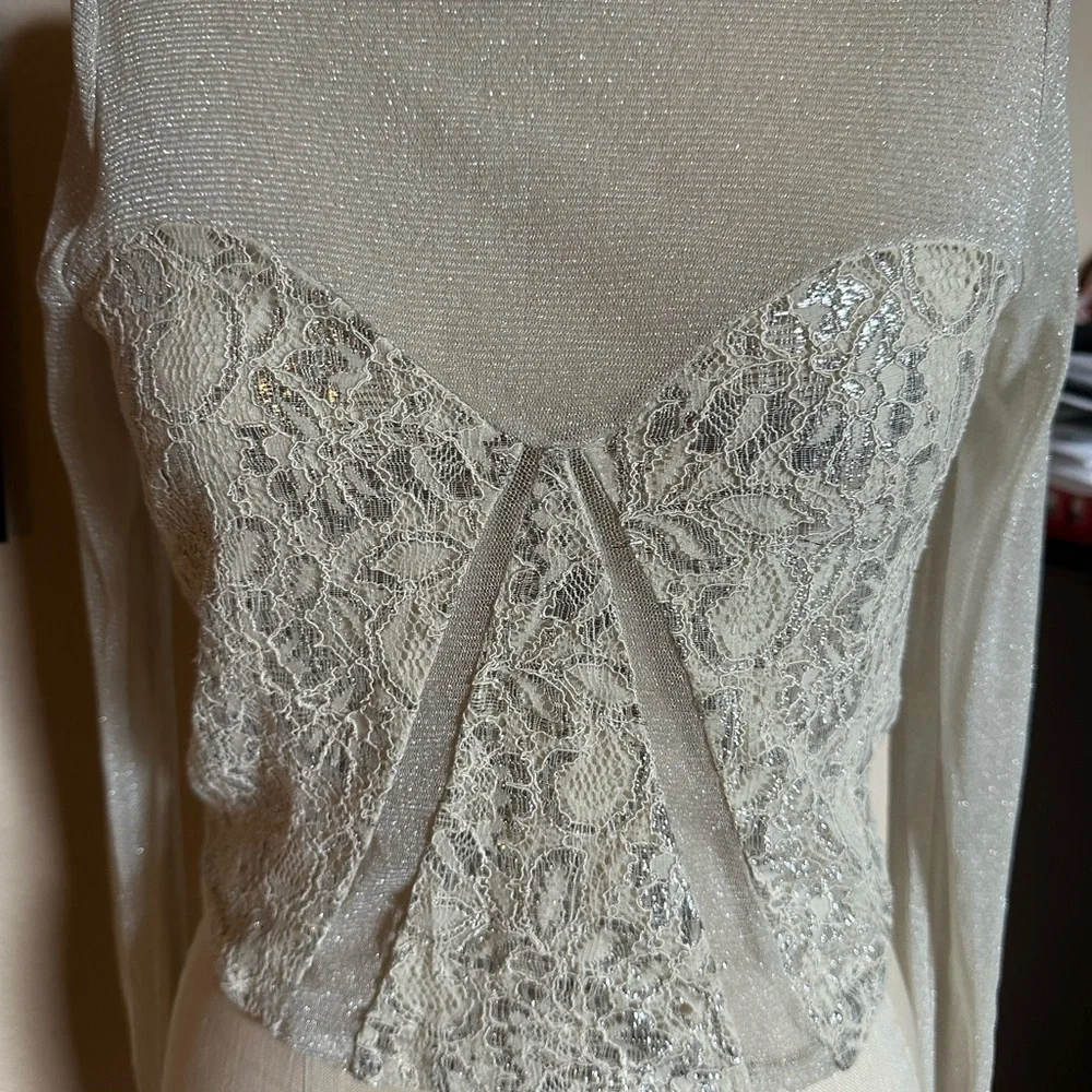 Kimchi Blue Sheer Shimmer Long Sleeve Top With Lace. Size Medium